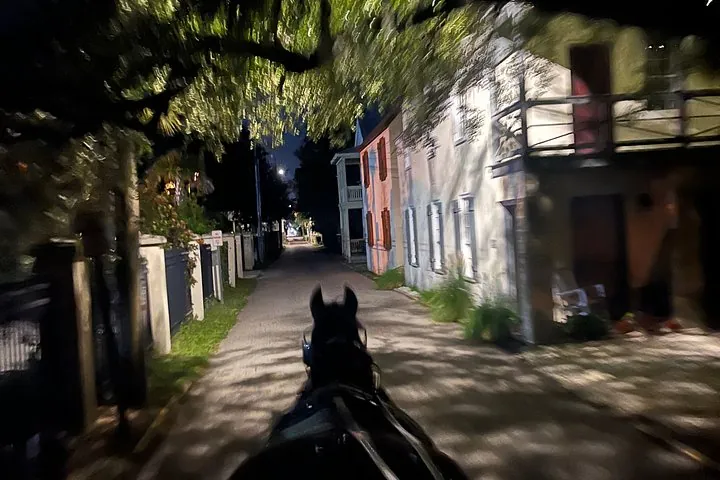 A horse-drawn carriage at dusk under old oaks on a St. Augustine carriage tour with ghost stories, Florida