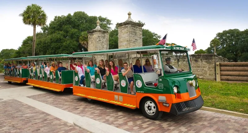 An Old Town Trolley on a historic street, an alternative to St. Augustine carriage tours, Florida
