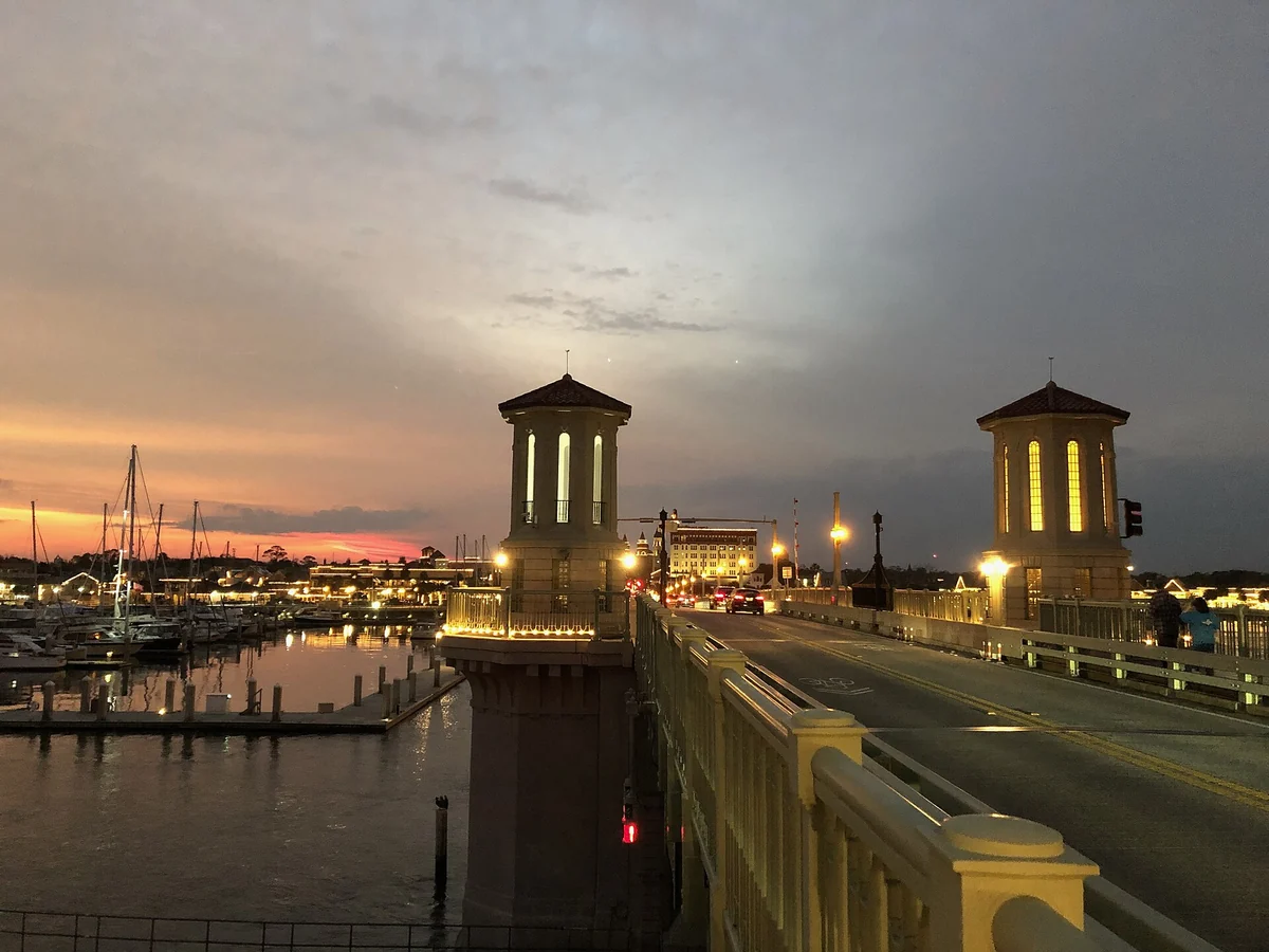 The Bridge of Lions at sunset over Matanzas Bay, seen on St. Augustine carriage tours and cart tours