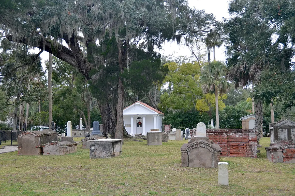 Tolomato Cemetery and its chapel under live oaks, passed on the St. Augustine carriage ghost tour